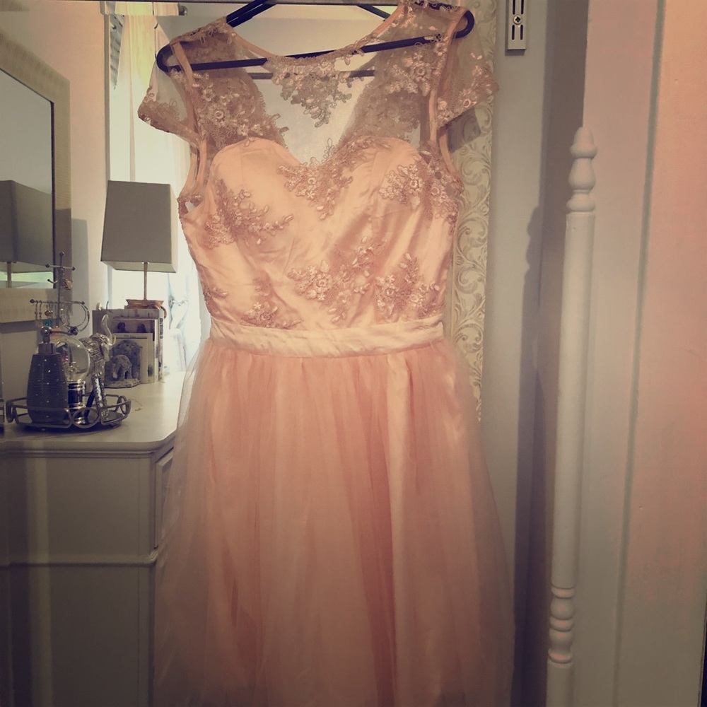 Lucy Wang Dress: soft pink tulle lace and sequin